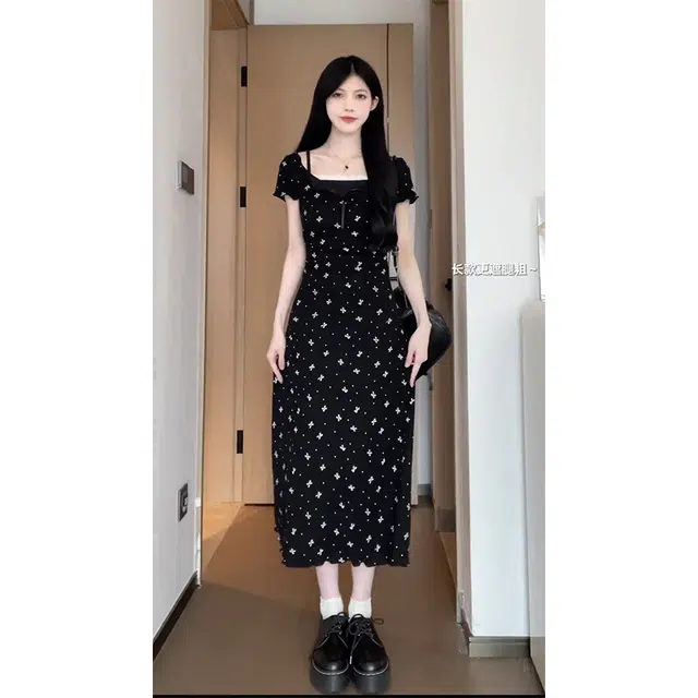 依钗 法式少女感蝴蝶结波点印花收腰显瘦短袖连衣裙 女款