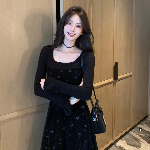 松本丧丧 蝴蝶拼接磨毛收腰针织长袖连衣裙 女款 黑色