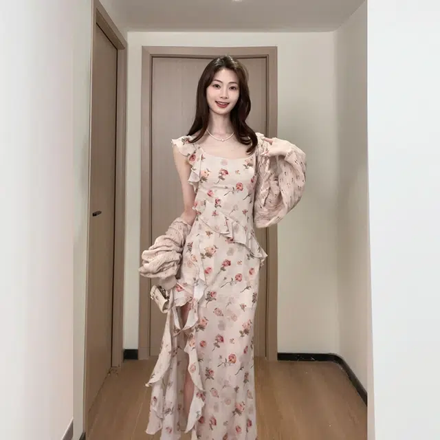 松本丧丧 温柔浪漫小花设计吊带裙蕾丝开衫百搭优雅气质裙装套装 女款 粉色
