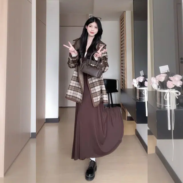 松本丧丧 舒适休闲简约慵懒风格子精致长袖毛衣 女款 咖色