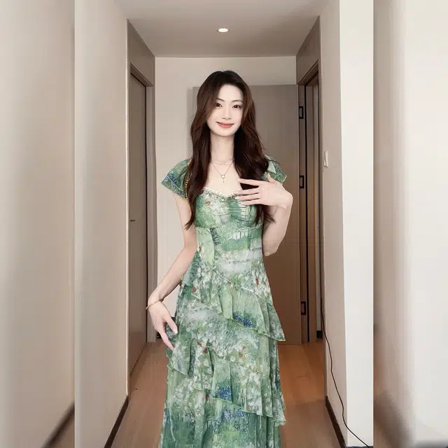 松本丧丧 时尚舒适百搭短袖连衣裙 女款 绿色