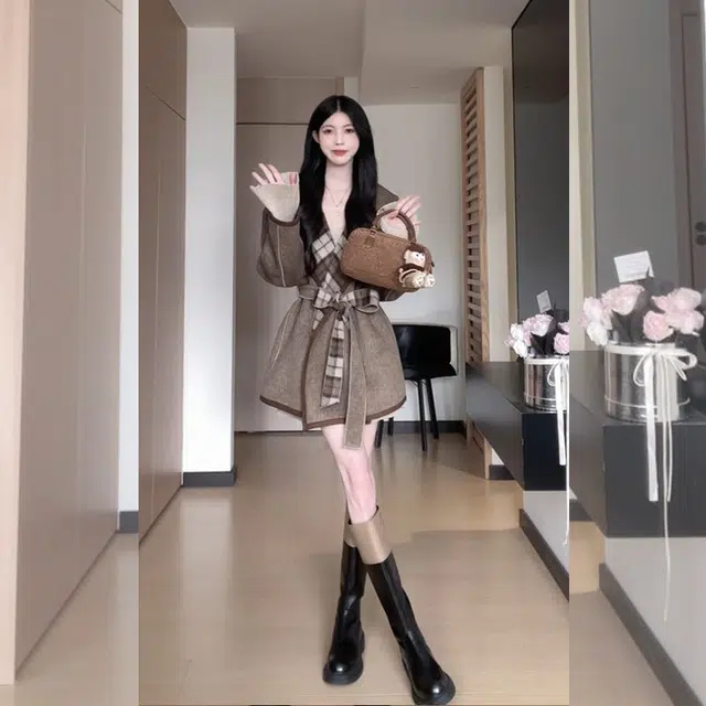 松本丧丧 舒适休闲简约慵懒风格子精致长袖毛衣 女款 咖色