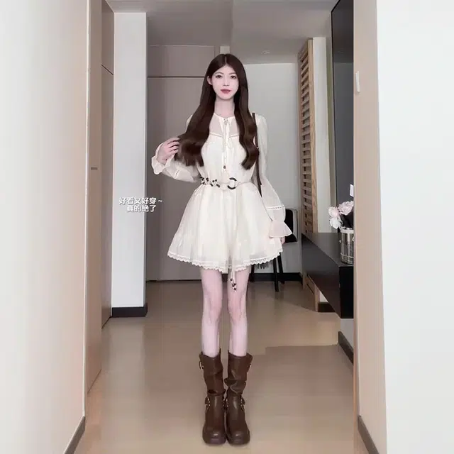 松本丧丧 波米亚风腰带裙子温柔减龄收腰气质 甜美显瘦长袖连衣裙 女款