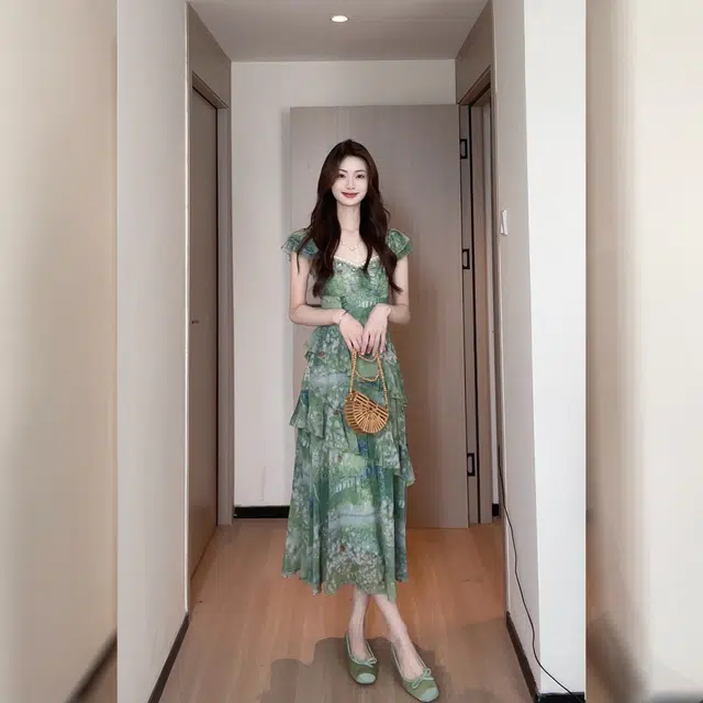 松本丧丧 时尚舒适百搭短袖连衣裙 女款 绿色