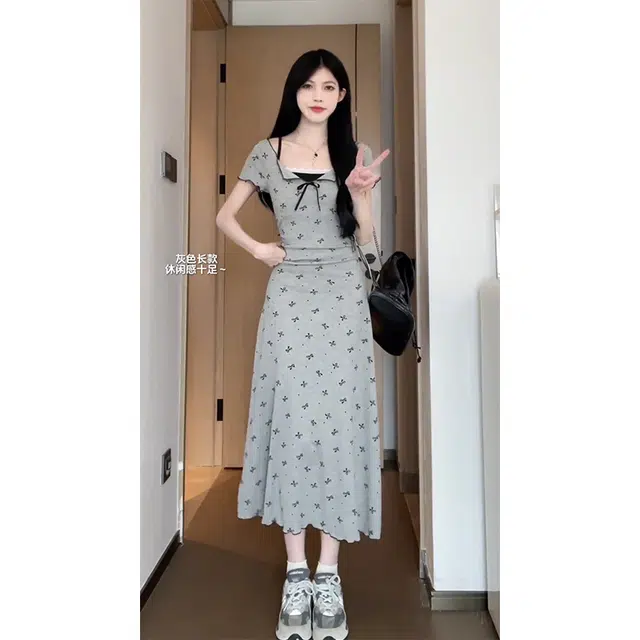 依钗 法式少女感蝴蝶结波点印花收腰显瘦短袖连衣裙 女款