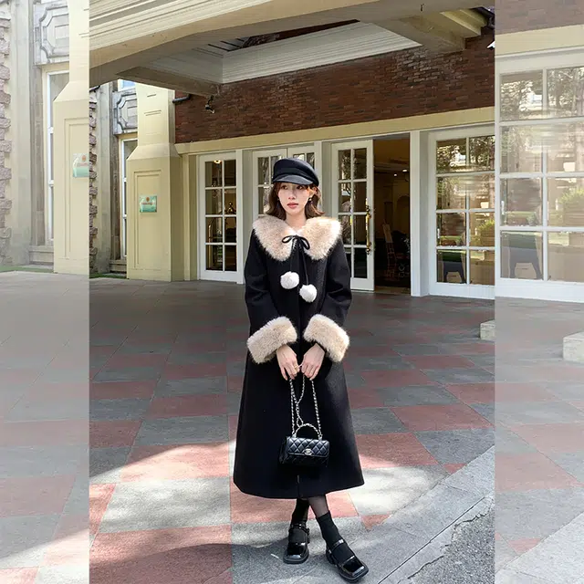 松本丧丧 日韩版复古黑色毛毛外套 秋冬拼接气质宽松毛呢大衣 女款