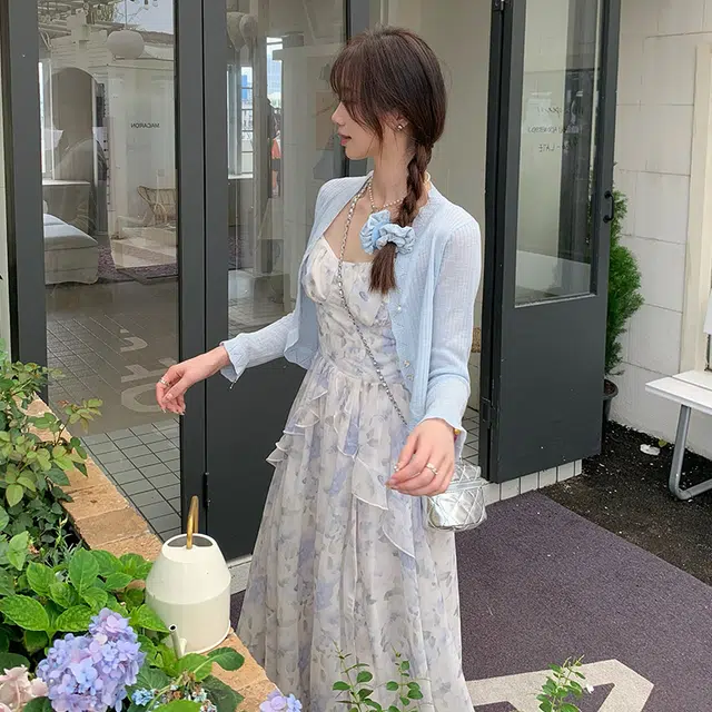 松本丧丧 蓝铃碎花晕染仙女裙吊带气质设计收腰连衣长裙夏季新款裙子女 女款