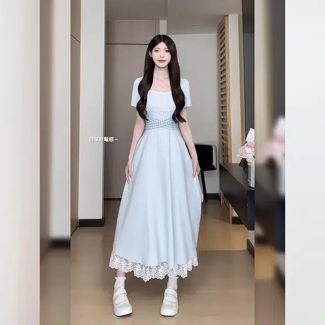 松本丧丧 法式优雅气质方领格子绑带设计感时尚长裙短袖连衣裙 女款