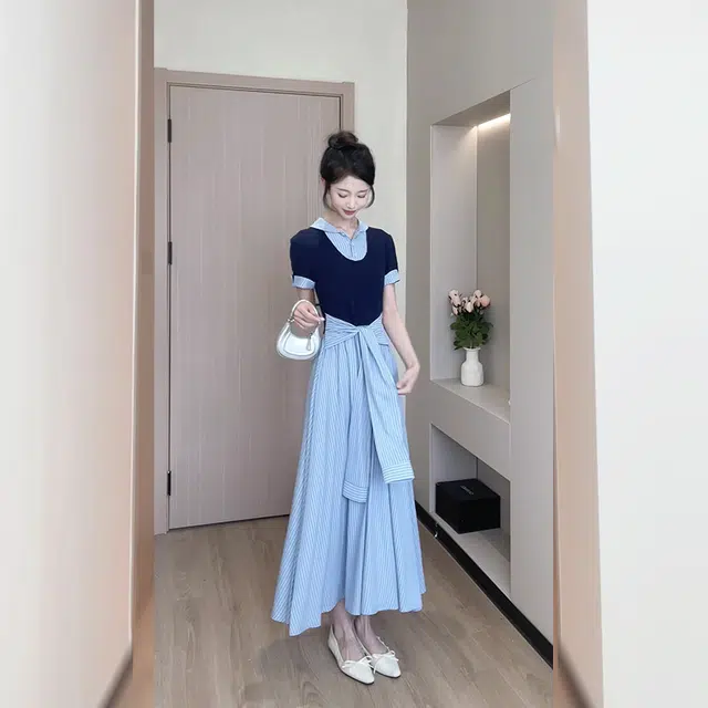 松本丧丧 夏季 衬衫式假两件条纹绑带时尚长裙欧诺风减龄短袖连衣裙 女款