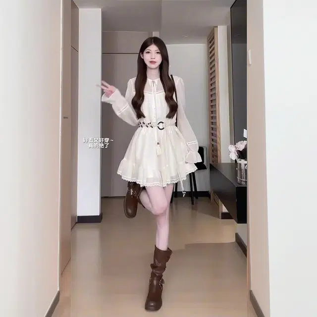 松本丧丧 波米亚风腰带裙子温柔减龄收腰气质 甜美显瘦长袖连衣裙 女款