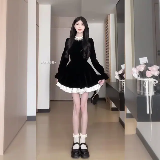 松本丧丧 半高领拼接舒适时尚长袖连衣裙 女款 黑色
