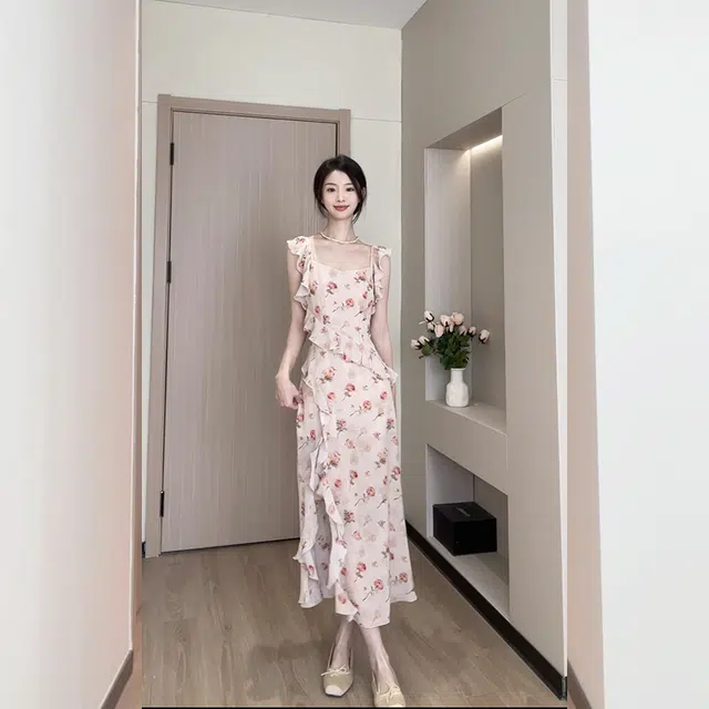 松本丧丧 温柔浪漫小花设计吊带裙蕾丝开衫百搭优雅气质裙装套装 女款 粉色
