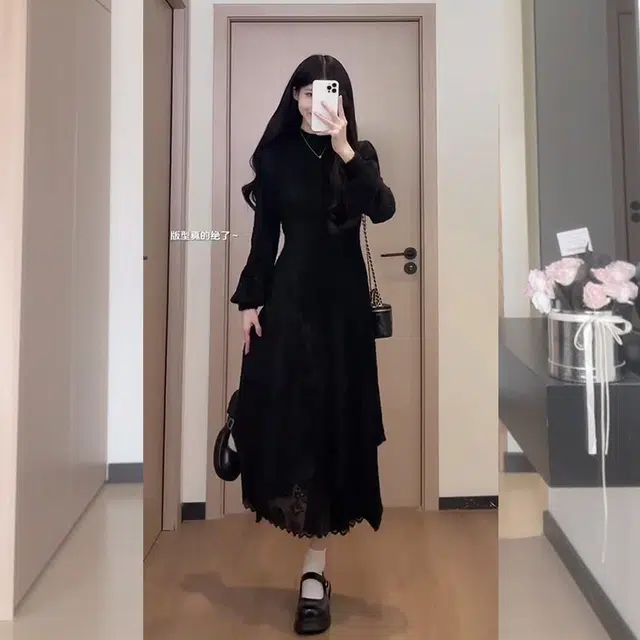 松本丧丧 高领假两件拼接蕾丝长袖连衣裙 女款