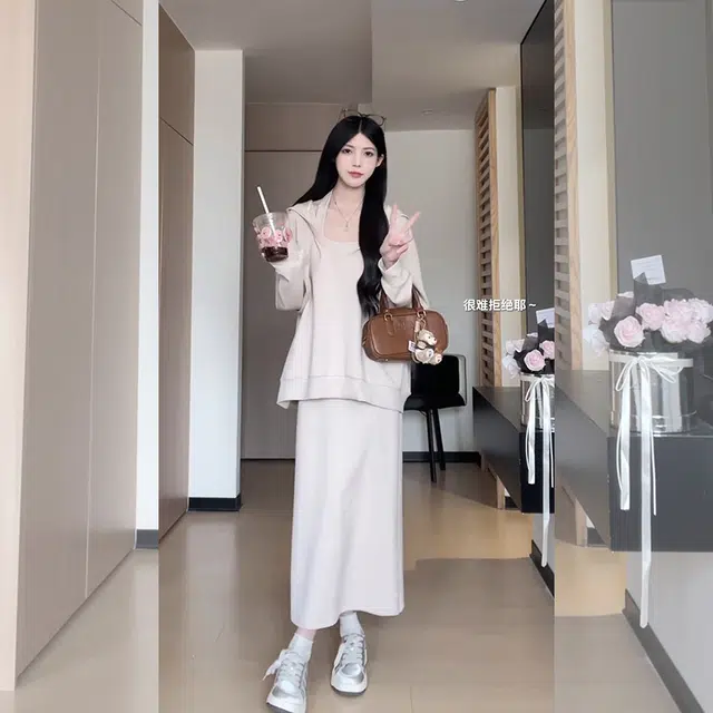 松本丧丧 早秋季日韩系气质简约高级感卫衣女设计感显瘦收腰吊带裙装套装裙 女款