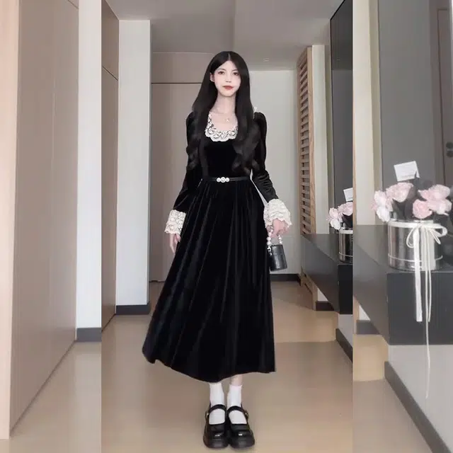 松本丧丧 纯色中长款舒适蕾丝花边泡泡长袖连衣裙 女款 黑色