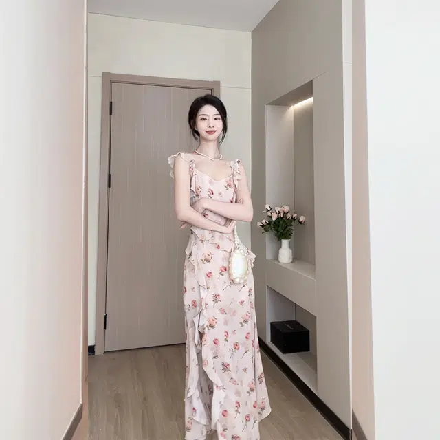 松本丧丧 温柔浪漫小花设计吊带裙蕾丝开衫百搭优雅气质裙装套装 女款 粉色