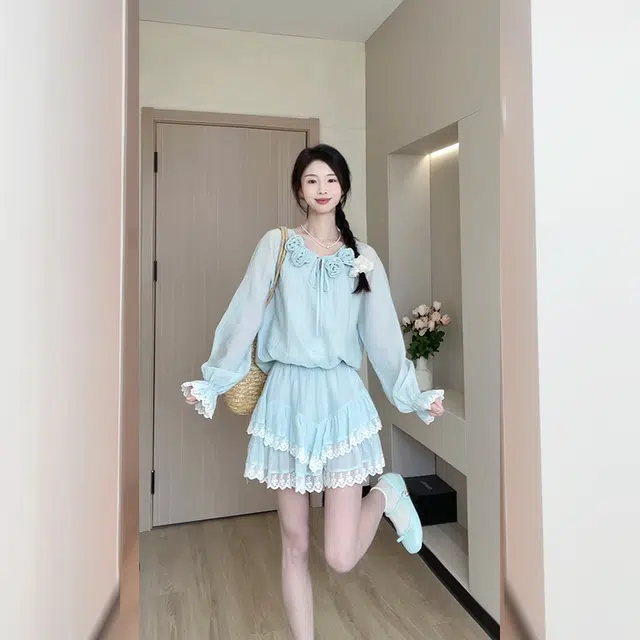 松本丧丧 两件套显瘦减龄薄荷绿温柔荷叶边衬衫裙装套装 女款 薄荷绿衬衫+短裙