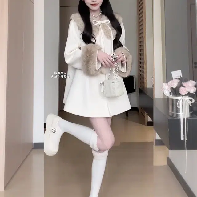 松本丧丧 时尚毛领高级加厚长袖外套修身纯色短裤休闲套装 女款 黑色