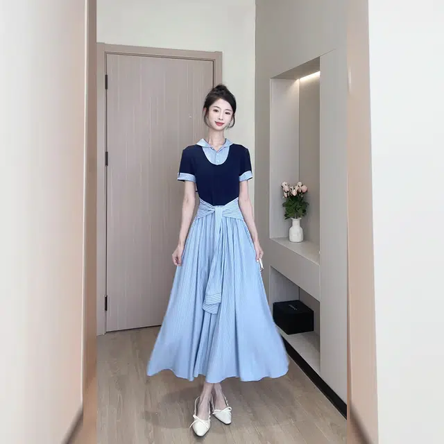 松本丧丧 夏季 衬衫式假两件条纹绑带时尚长裙欧诺风减龄短袖连衣裙 女款