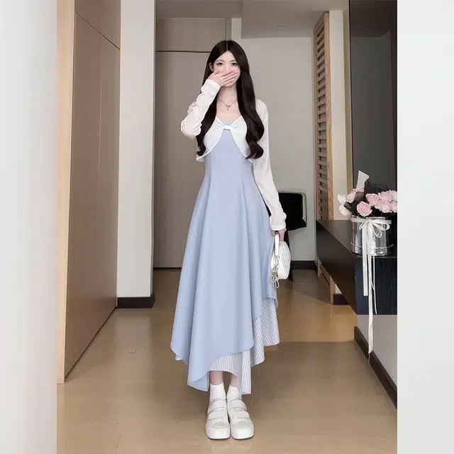 松本丧丧 清新穿搭高腰显瘦背带裙时尚学院风吊带连衣裙 女款
