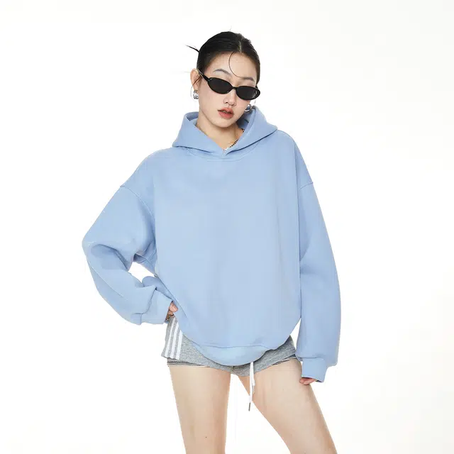 华夏儿女 美式重磅高街潮牌秋季宽松连帽百搭纯色上衣外套卫衣 男女同款