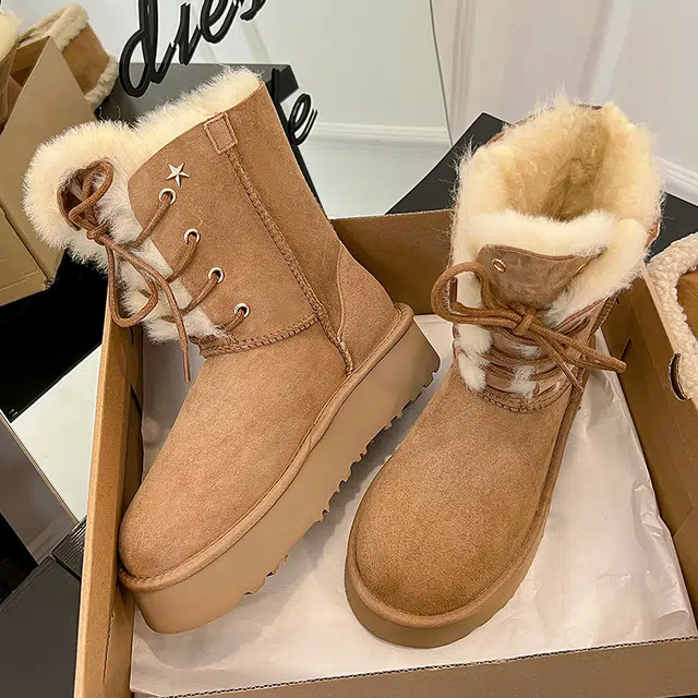 皮毛一体百搭通勤潮流时尚保暖 短中筒 雪地靴 女 栗色