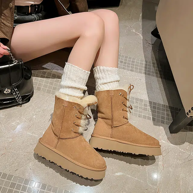 皮毛一体百搭通勤潮流时尚保暖 短中筒 雪地靴 女 栗色