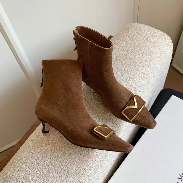 绒面 轻奢风真皮小方头金属扣猫跟瘦瘦气质百搭踝法式 短筒 马丁靴 女款