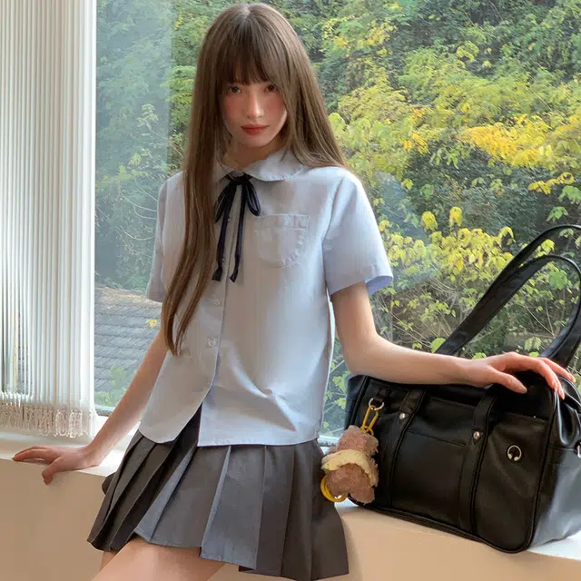东鲸岁时记 学院风短袖衬衫显瘦百褶裙制服 女款 蓝/灰