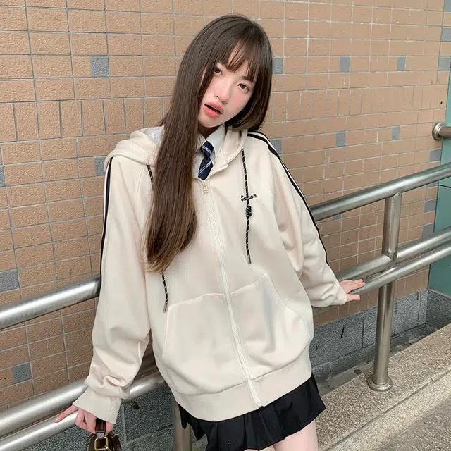 东鲸岁时记 学院风宽松条纹长袖外套纯色休闲短裙卫衣套装 女款