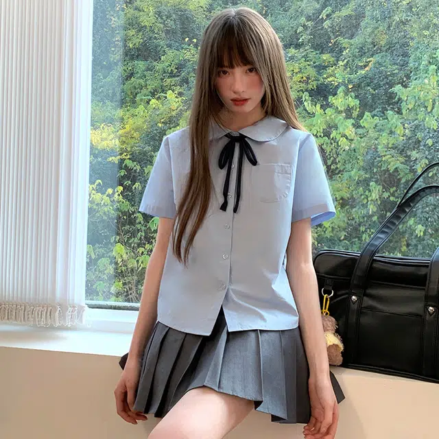 东鲸岁时记 学院风短袖衬衫显瘦百褶裙制服 女款 蓝/灰
