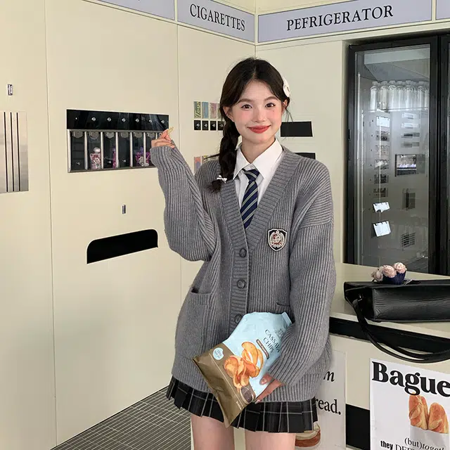 东鲸岁时记 慵懒风宽松针织开衫休闲格裙裙装套装 女款