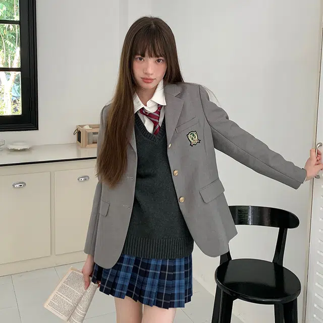 东鲸岁时记 学院风西装宽松氛围感时尚口袋长袖衬衫百褶裙套装制服 女款