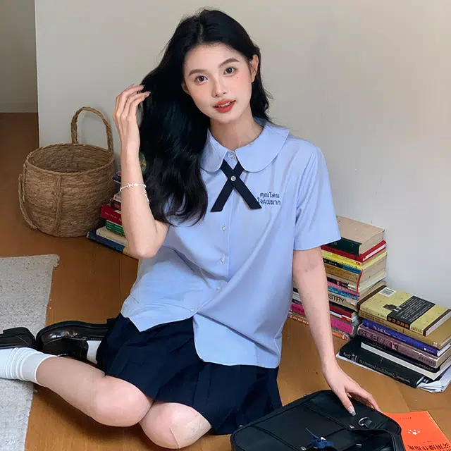 东鲸岁时记 学院设计感短袖泰式校服衬衫 女款 蓝色