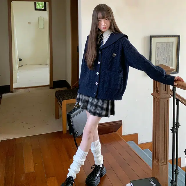 东鲸岁时记 港风宽松学院风慵懒风开衫长袖针织衫 男女同款 藏青色
