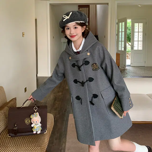 东鲸岁时记 时尚舒适保暖经典柔软高级感冬季夹棉学院风长袖女毛呢外套中长款可爱毕业季开学季大衣 女款