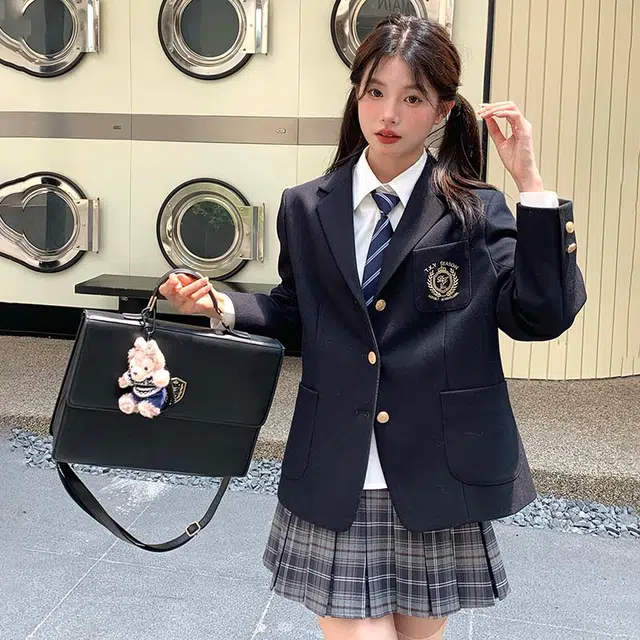 东鲸岁时记 学院风开学季气质上衣舒适中腰合身半裙制服 女款 黑色+灰色