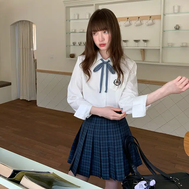 东鲸岁时记 学院风长袖衬衫小个子高腰显瘦格裙裙装套装 女款