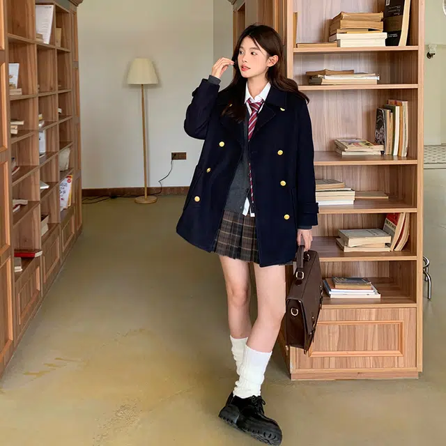 东鲸岁时记 学院风韩系翻领大衣 女款 绀色
