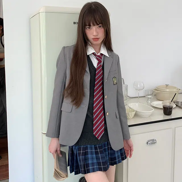 东鲸岁时记 学院风西装宽松氛围感时尚口袋长袖衬衫百褶裙套装制服 女款