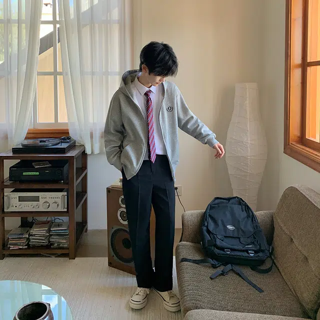 东鲸岁时记 宽松慵懒风休闲舒适开学季学生日常通勤百搭上衣外套日系简约基础款早秋学院风痞帅复古开衫拉链连帽外套卫衣 男女同款
