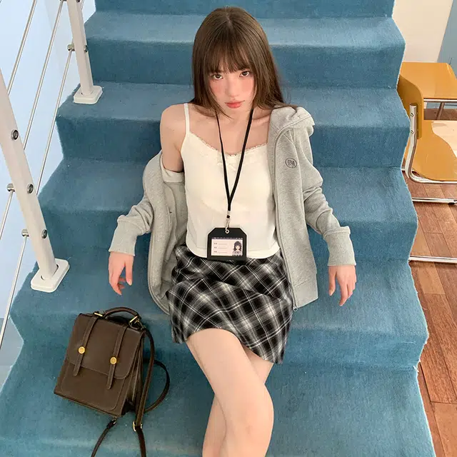 东鲸岁时记 韩系修身学院风拉链连帽开衫长袖卫衣 女款 灰色
