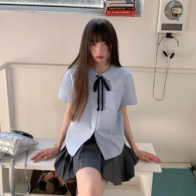 东鲸岁时记 学院风短袖衬衫显瘦百褶裙制服 女款 蓝/灰