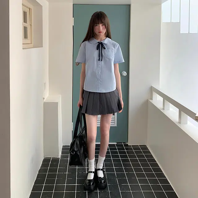 东鲸岁时记 学院风短袖衬衫显瘦百褶裙制服 女款 蓝/灰