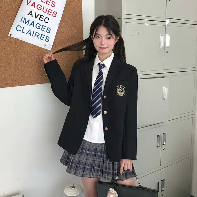 东鲸岁时记 学院风开学季气质上衣舒适中腰合身半裙制服 女款 黑色+灰色