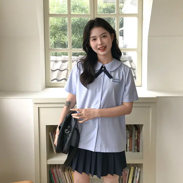 东鲸岁时记 学院设计感短袖泰式校服衬衫 女款 蓝色
