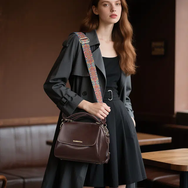 老人头 欧式复古通勤实用百搭中年妈妈款母亲优雅大气手拎宽肩带女士 牛皮拼超纤 女包斜挎包单肩包手提包 常规 女款 红棕色
