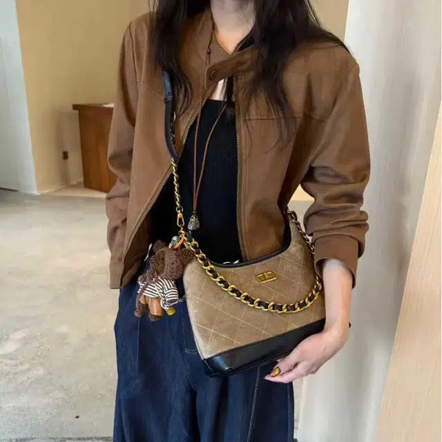 老人头 高级感韩版小众设计美式复古菱格小香风百搭时尚高颜值通勤休闲约会手拎手提腋下包斜挎包女 牛皮拼织物 单肩包 常规 女款 胡桃色