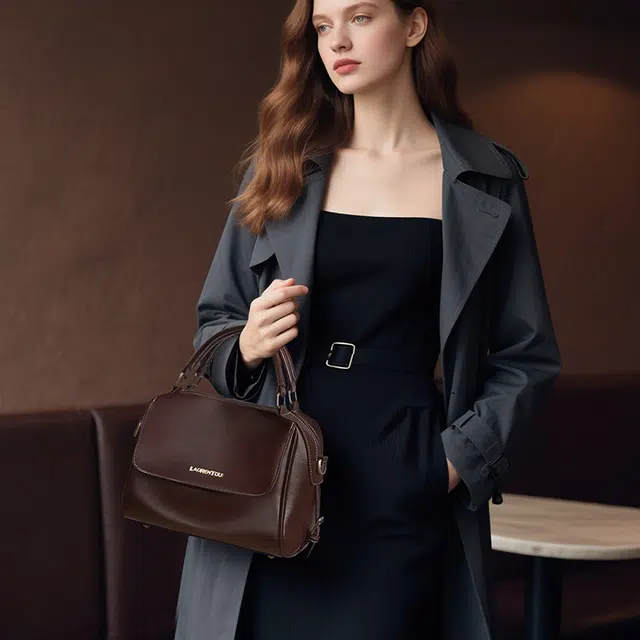 老人头 欧式复古通勤实用百搭中年妈妈款母亲优雅大气手拎宽肩带女士 牛皮拼超纤 女包斜挎包单肩包手提包 常规 女款 红棕色