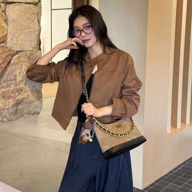 老人头 高级感韩版小众设计美式复古菱格小香风百搭时尚高颜值通勤休闲约会手拎手提腋下包斜挎包女 牛皮拼织物 单肩包 常规 女款 胡桃色